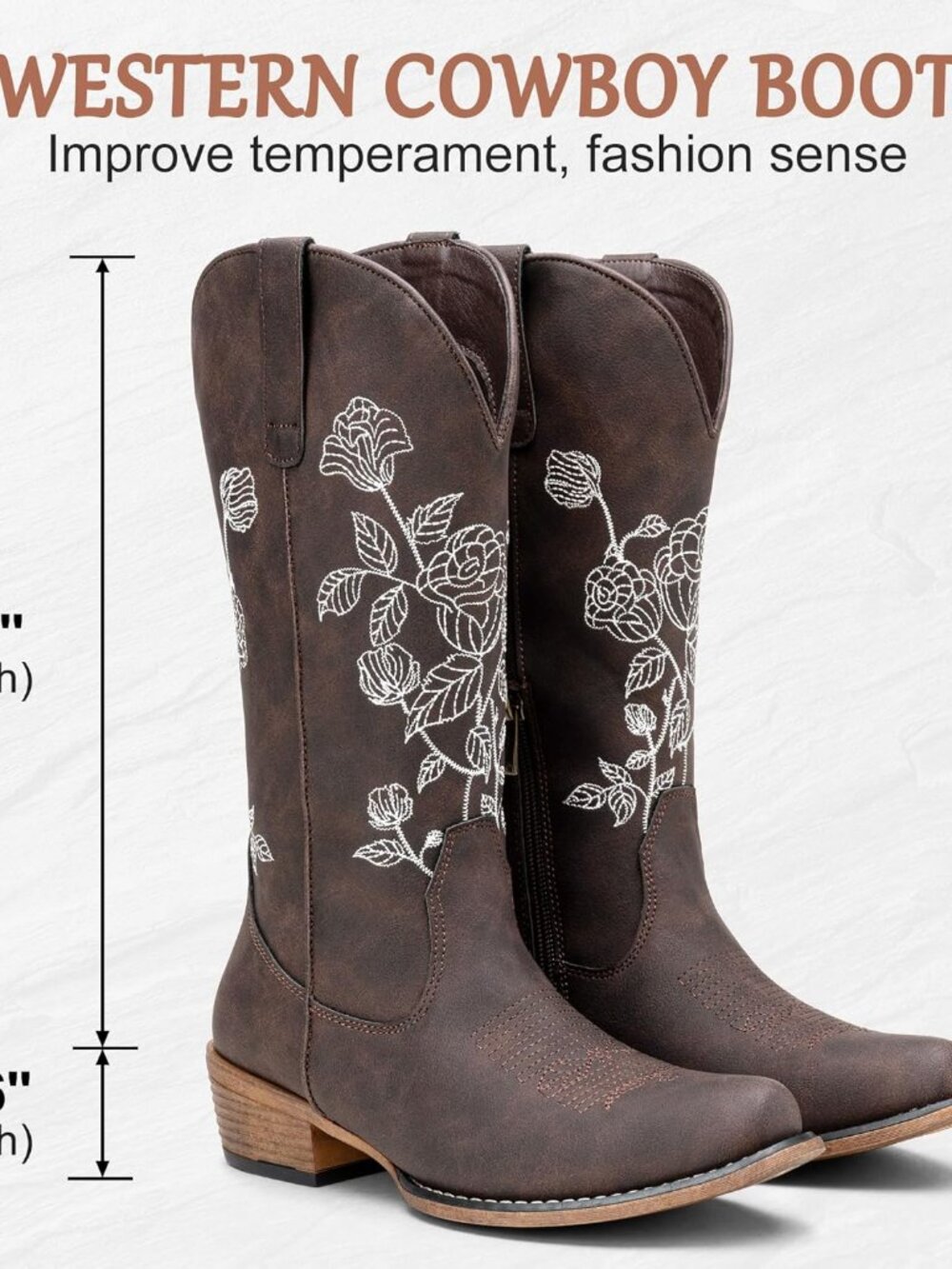 Women's Grey Cowboy Mid Calf Boots with Embroidery Flower Low Heel Western - Picture 4 of 6